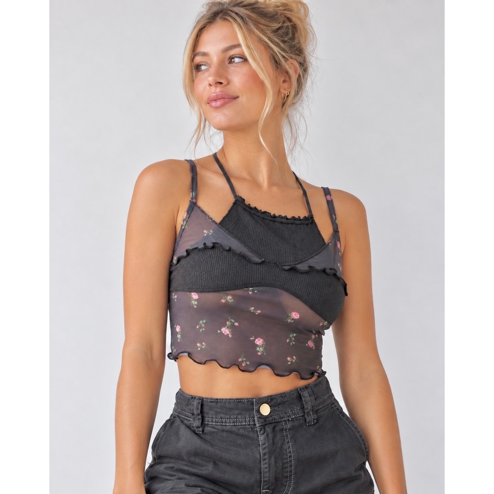 Urban Outfitters Layered Cropped Cami Mesh Floral Print Ribbed Panel Size Medium